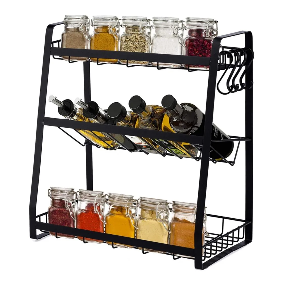 
3-Tier Spice Rack , Premium Organization Shelves for Kitchen , Metal Storage Rack with Anti-Slip Feet and Inclined Design 
