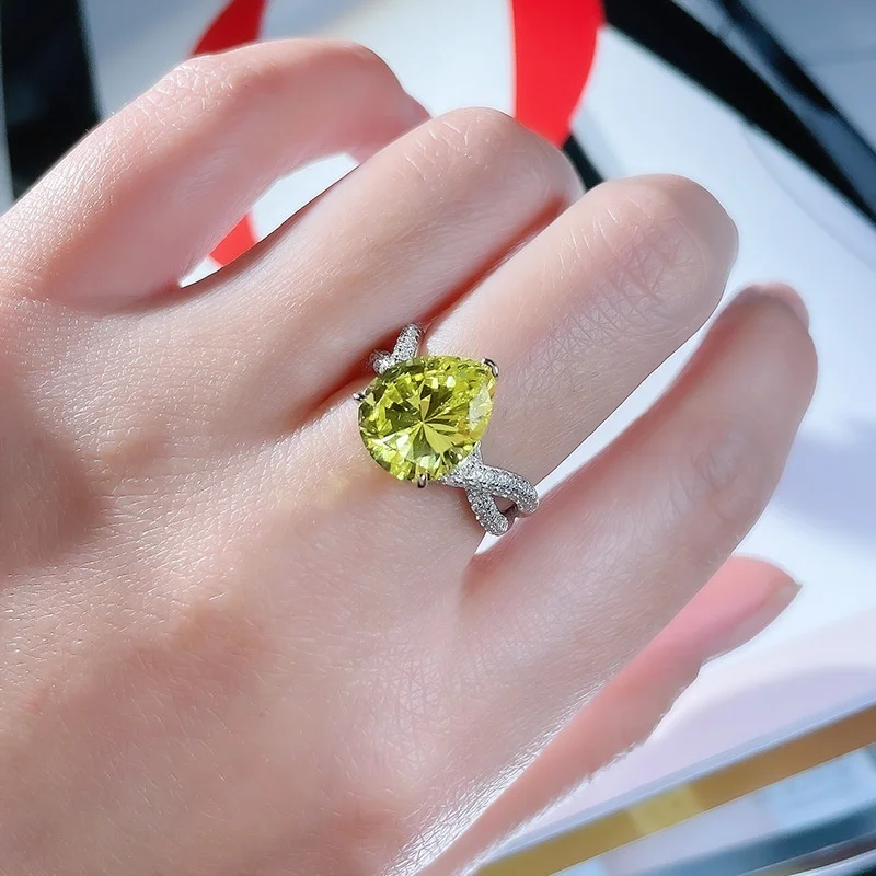 Silver Jewelry Ring Yellow peridot zircon Big CZ Princess Cut Sterling 925 Silver Engagement Ring for Women