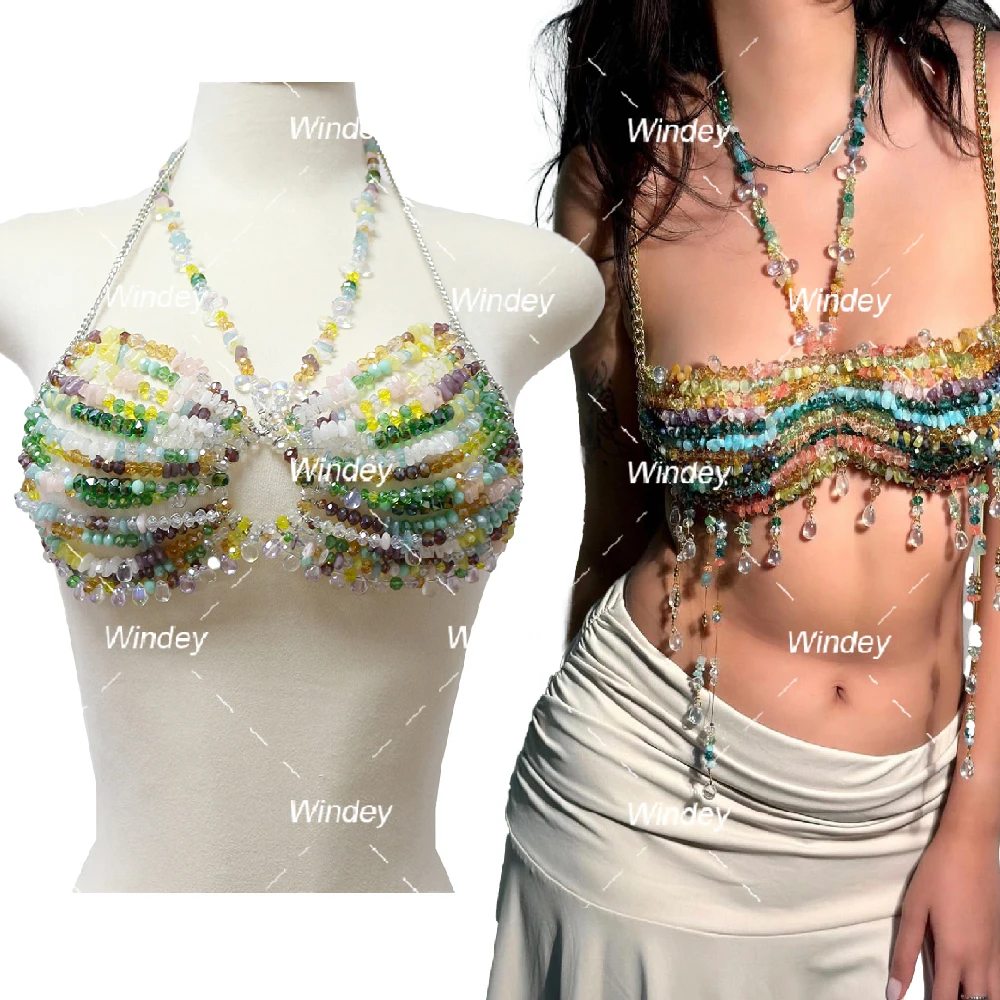 Latest Fashion Strap multilayer sexy bodycon chain diamante back Beaded Top glass crystal stone Vest Bras