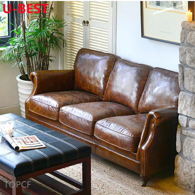 U-BEST European Retro Solid Wood Leather  Sofa Couch Kanepe Muebles Para El Hogar Mobili Per La Casa Set Furniture Living Room