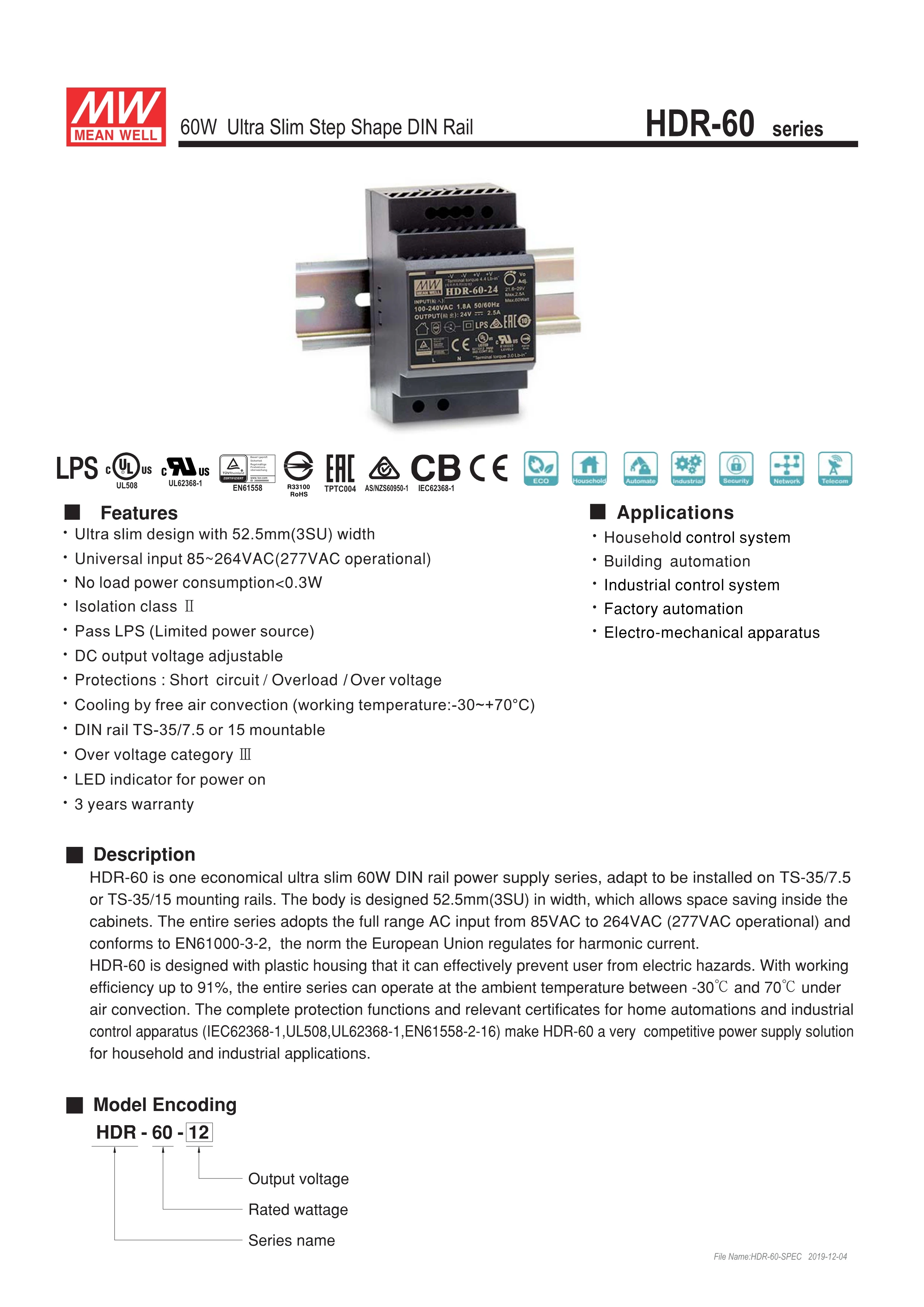 Бренд MEAN WELL представляет AC-DC HDR-60-24 Типа DIN Rail источник питания