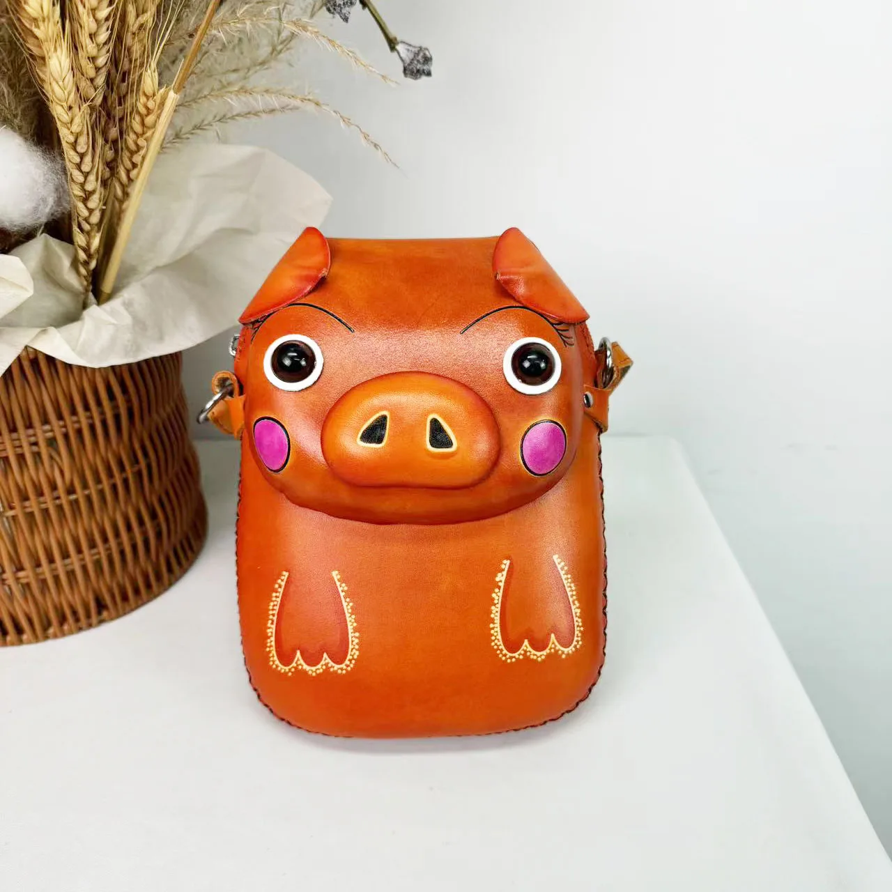 MB-021 Genuine leather  animal pig shape  mobile phone bags cute mini ladies handmade gift children women shoulder bags