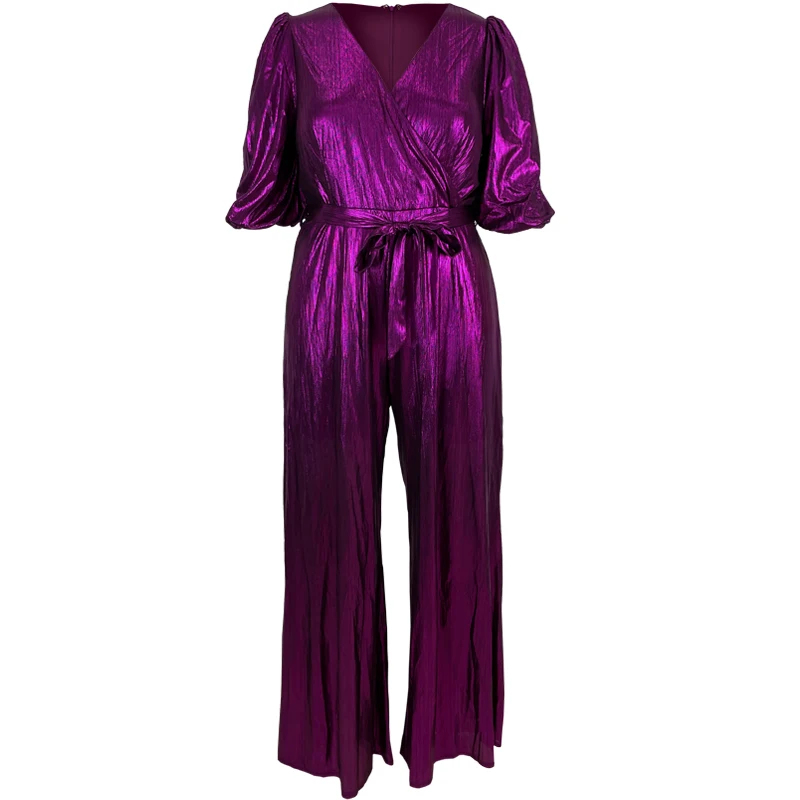 SS23 Half Sleeve V-neck Luxury Purple Plus Size Jumpsuit for Women