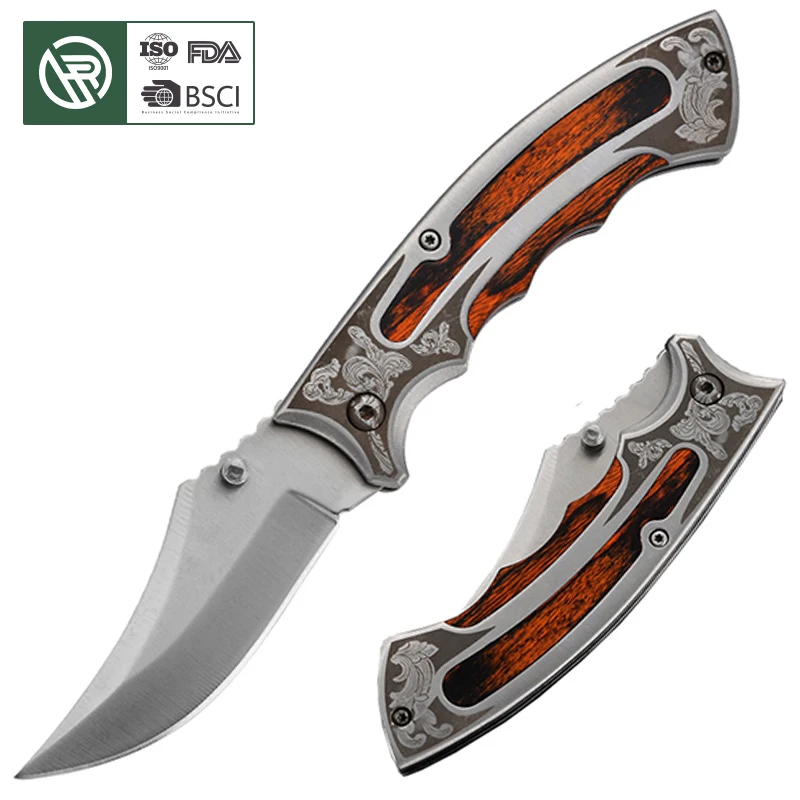 Free Sample Satin Polished Clip Point Hunting Color Wood Handle Folding Knife CNC Blade Skinning Knife Outdoor Camping Survival