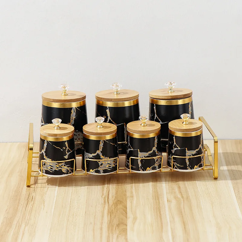 Luxury Gold Marble Seasoning Condiment Container Set Kitchen Ceramic Storage Jar with Diamond Bamboo Lid