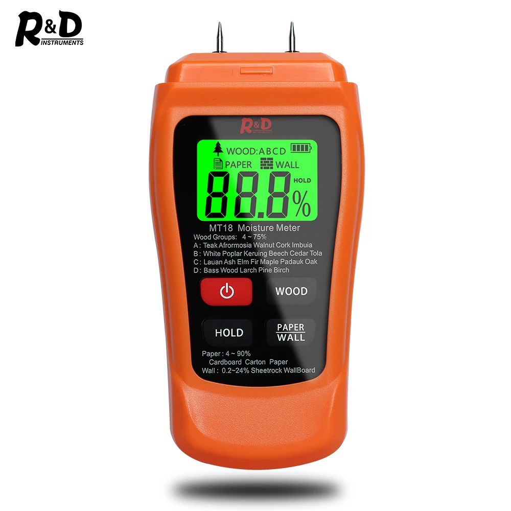 
R&D MT18 Moisture Meter Wood paper Wall Humidity Hygrometer Timber Damp Detector Tree Density tester wood ABCD Paper&Wall test 