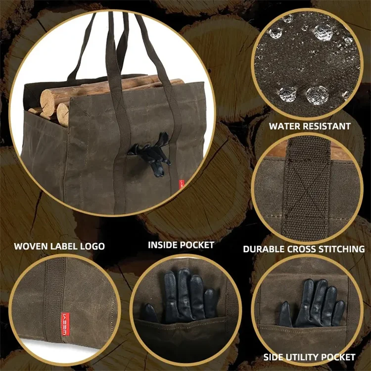 Large Capacity Waterproof Tote Firewood Carrier with Handles Canvas Heavy Duty Fireplace Log Carrier Outdoor Camping