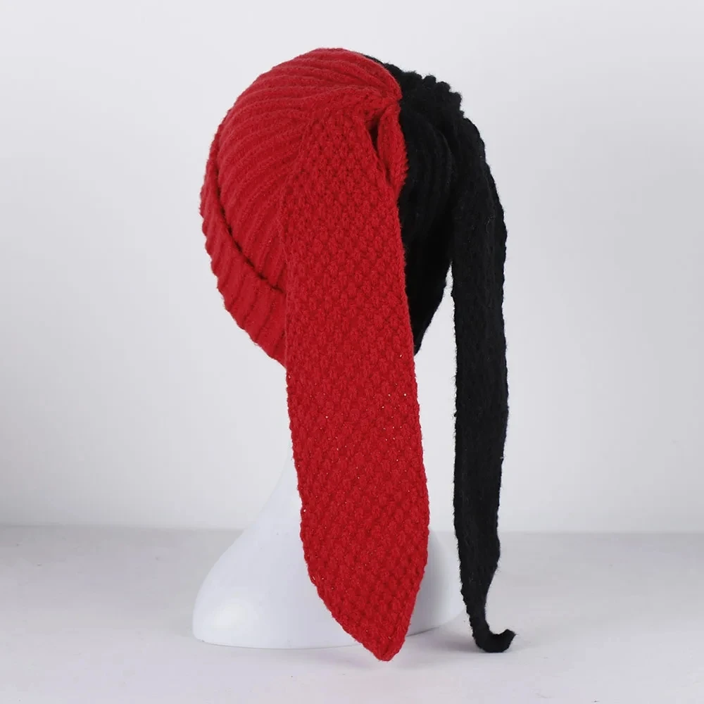 New niche personality autumn and winter warm and fashionable windproof and cold-proof color-blocked long bunny ears knitted hat