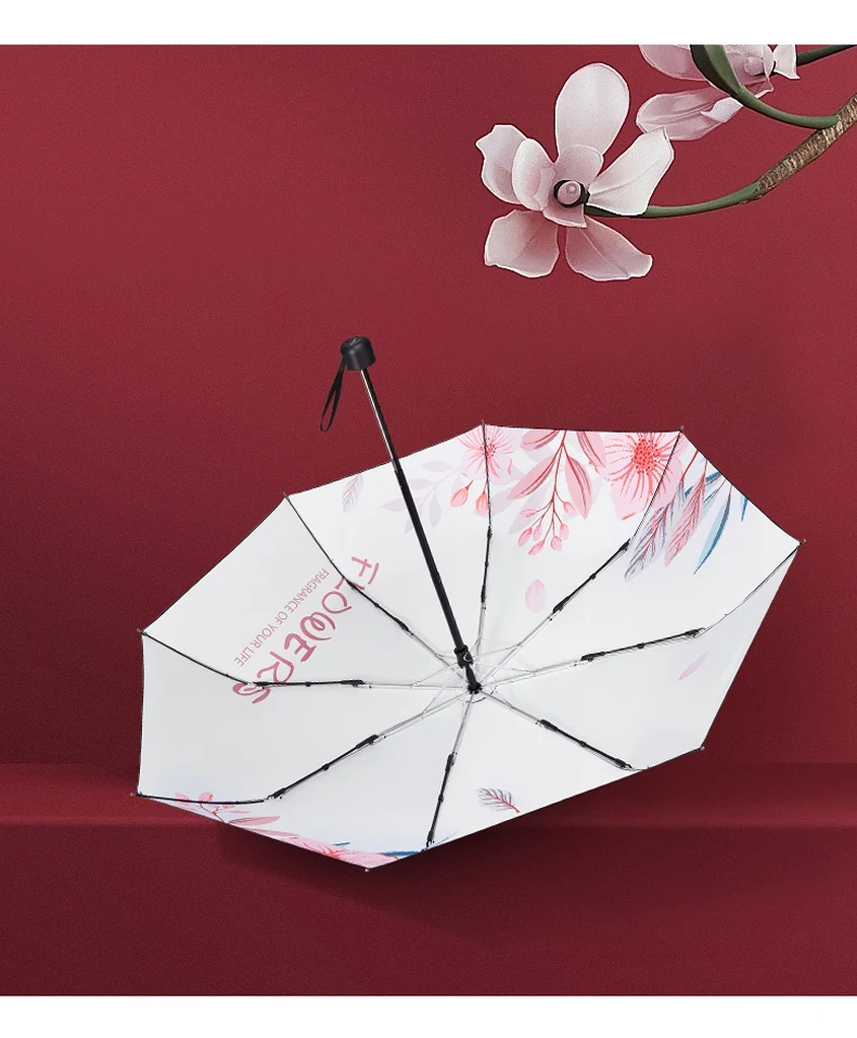 Pink flower decorated umbrellas manual three folding black coating uv protection umbrella