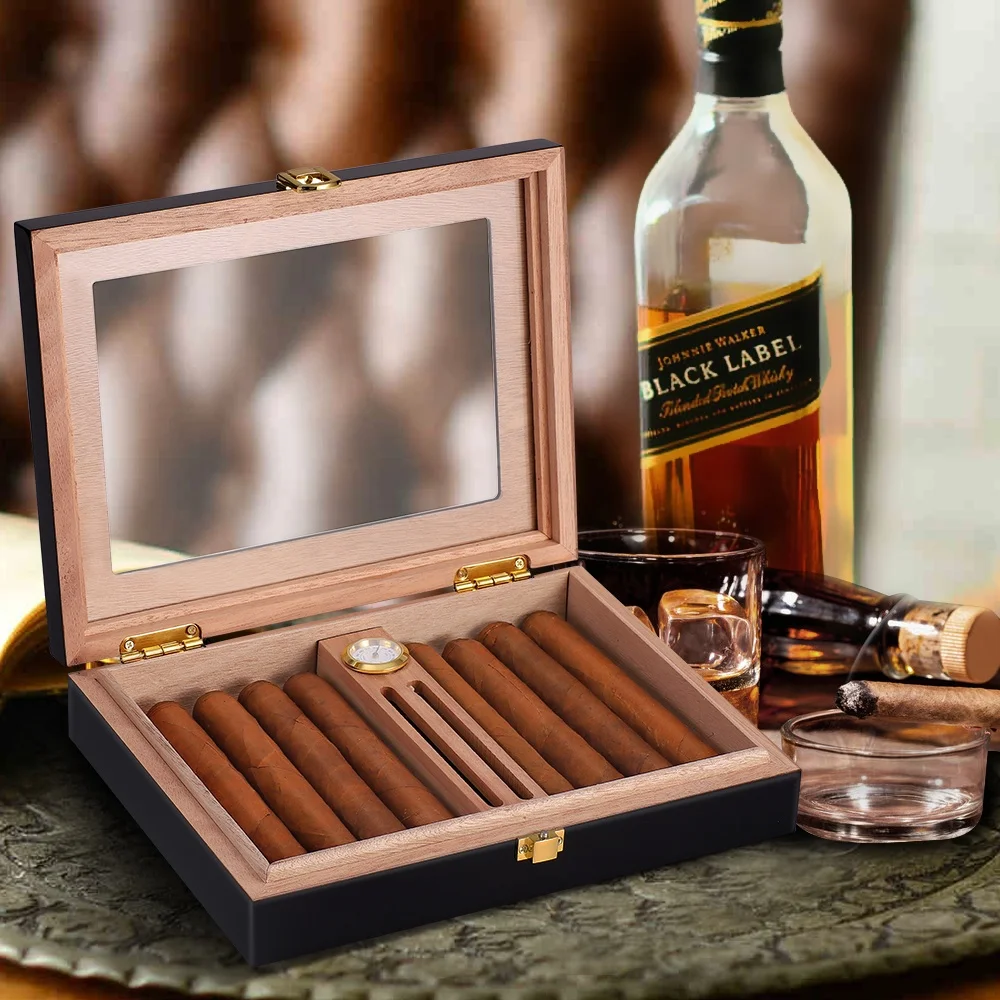 Custom humidor cigar box luxury wholesale smell proof black wooden blank hygrometer humidor cedar cigar box