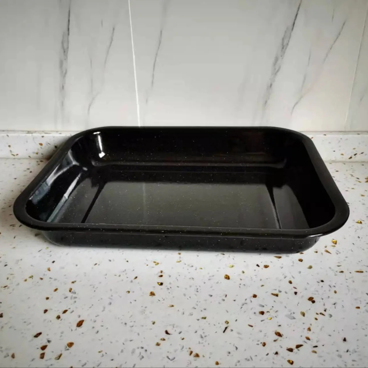 Classic Enamelware Metal 16inch Rectangular Serving Tray Plate with Marble Coating