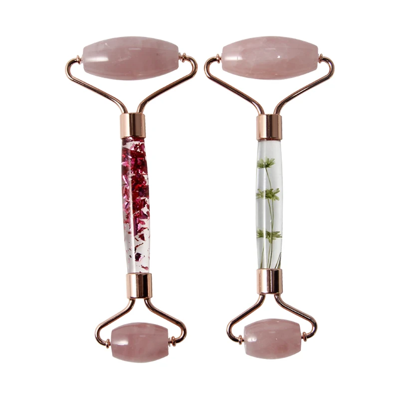 Custom Logo Transparent Crystal White Quartz Jade Facial Roller Natural Rose Quartz Face Pink Dries Flower Jade Roller