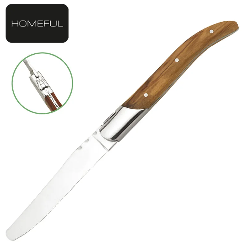 French style laguiole steak knife 420 steel round tip serrated blade with natural wood handle