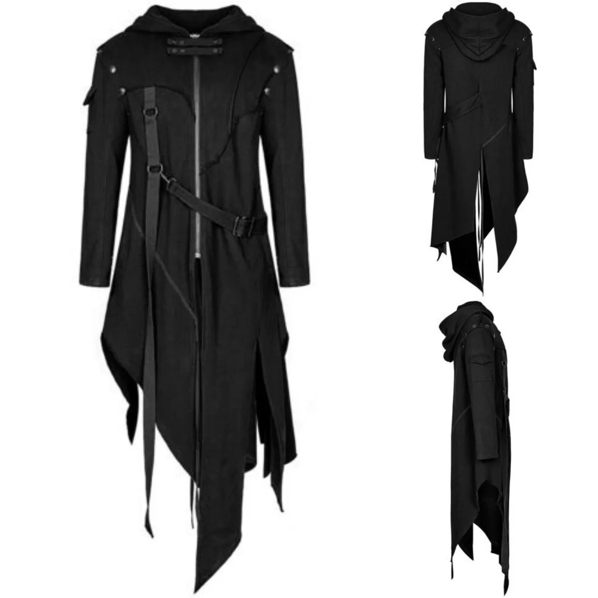 Vintage Gothic Steampunk Renaissance Man Jacket Medieval Autumn Hooded Zipper Coat Costume for Men Plus Size Black Strap Tuxedo