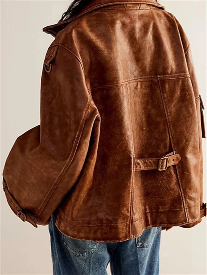 Cool Women Simple PU Coats Casual Plain Suit Lady Winter Plus Size Oversized Zipper Leather Coat Jackets