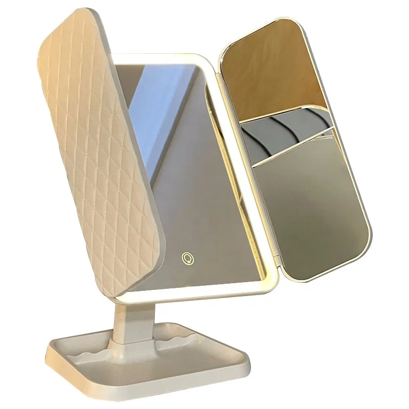 Smart Led Desktop Three-Folding Shell Leather Mirror Rotating Touch Infinite Dimming Makeup Mirror Dressing Mirror Storage Box