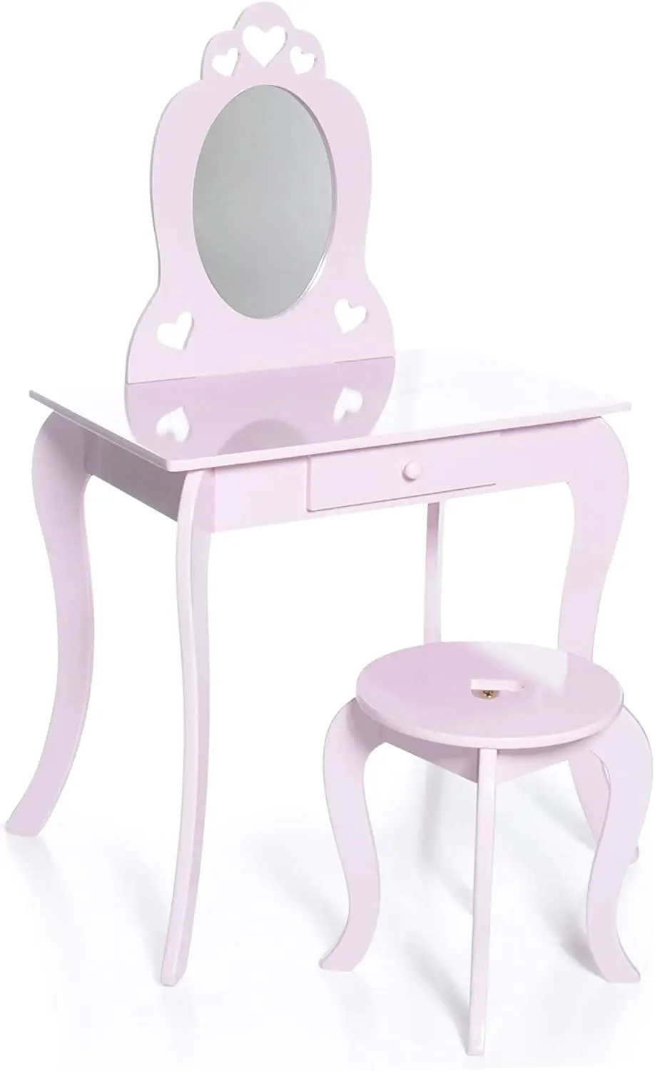 Pink Color Stool Kids Fairy Design Wooden White Kids Study Table Set Children Make Up Desk And Chair With Mirror