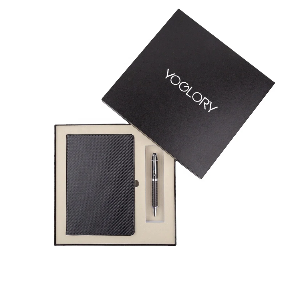 Customize logo A5 PU leather cover Diary Notebook with Carbon Fiber ballpoint pen in a gift box nice business gift set