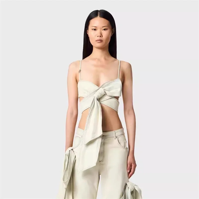 New retro personality stereo bow tube top vest old denim strap tops for women