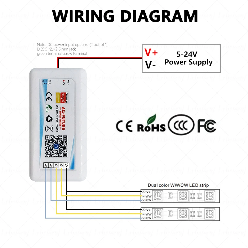 Tuya WiFi Dual Color LED Controller DC 5-24V 18A CCT 2-Channel Constant Voltage PWM Signal Dimmer Smart APP Voice Music Control