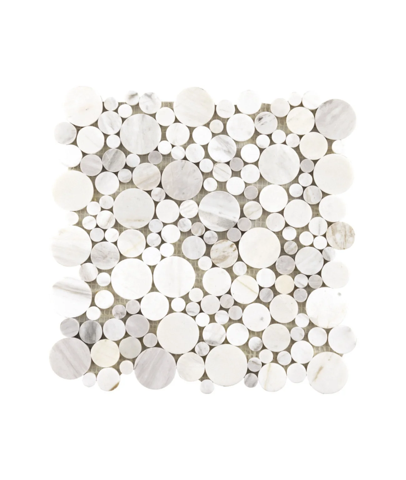 Grey Brown Penny Round Backsplash Marble Stone Mosaic Tiles Light Brown Wooden Vein Flat Pebble Bubble Shape Mosaic