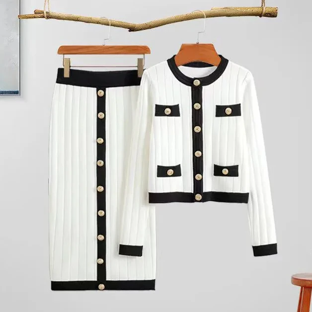 Autumn solid color knitted sexy dress suit fashionable cardigan suit knitted cardigan with skirt two-piece set for women