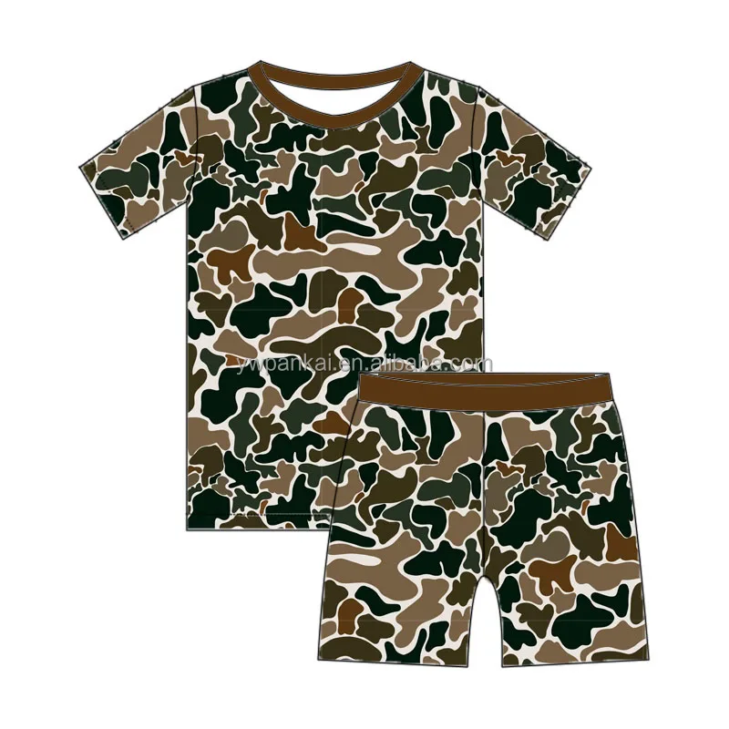 Hot Sale Camouflage Pattern Bamboo One Piece Sleepwear Rompers Kids Long Sleeve Pajamas Two Piece Set