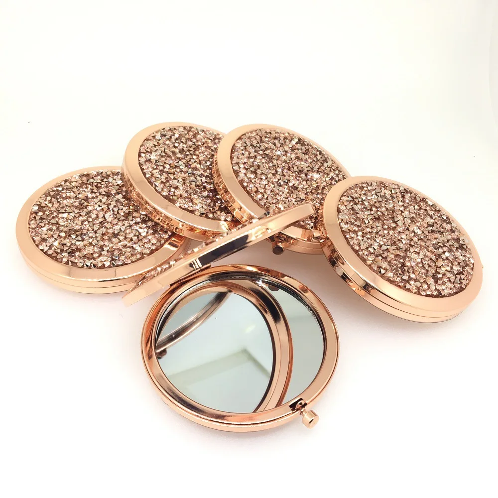 Beauty Gift Custom Logo Diamond Crystal Metal Makeup Mirror Double Sided Folding Mirror Cosmetic Mini Mirror