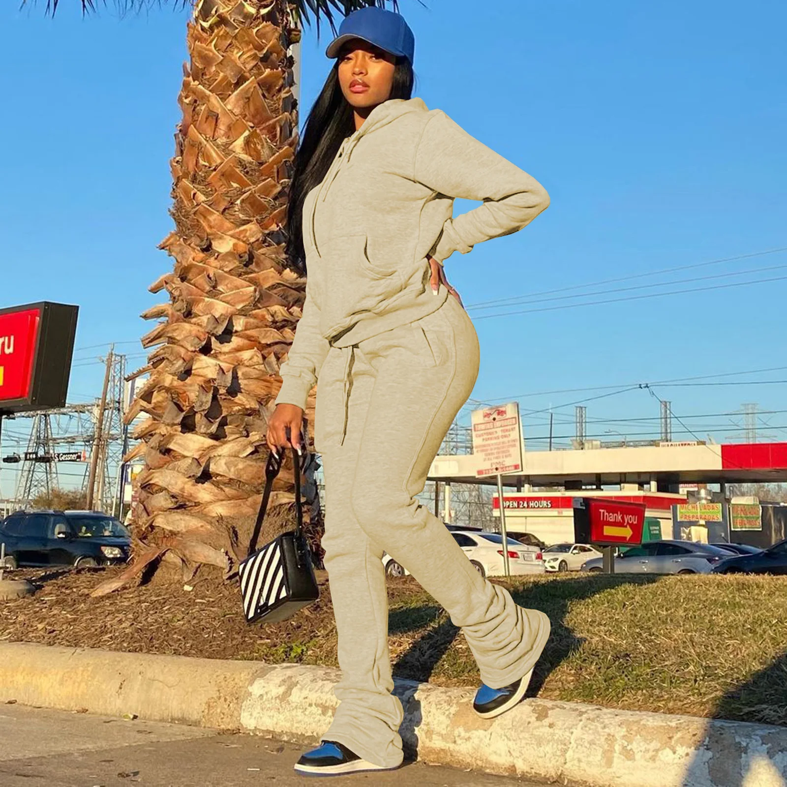 Autumn Winter Two Piece Outfits Solid Women Hoodie Set Casual Stacked Joggers Set Women Track Suits Two Piece Sets