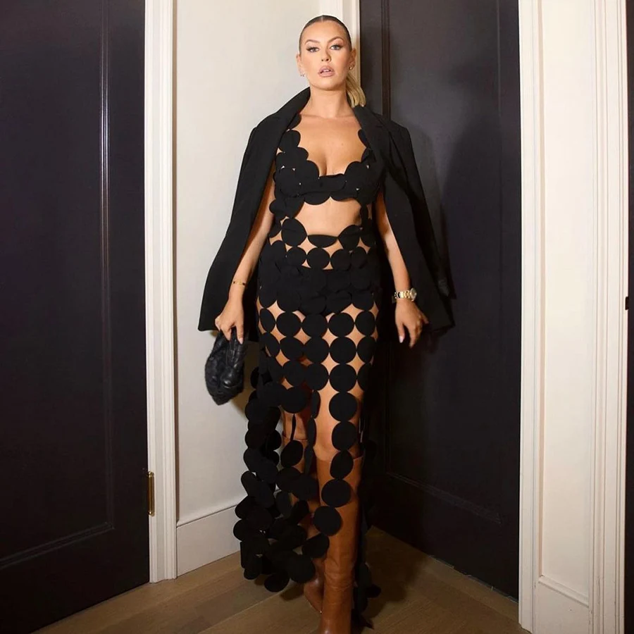 Kliou K23D28594 Sexy Low Neck Slim Dress Hollow Out Dress Tassels Backless Women Casual Dresses