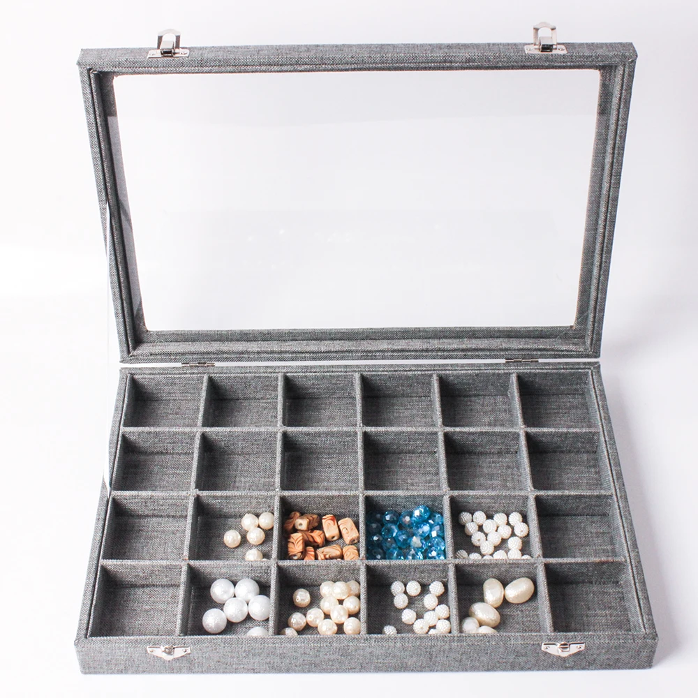67170 24 Grids Fashion Linen Jewelry Showcase Display Tray With Glass Lid Top for Rings Earring Storage Display