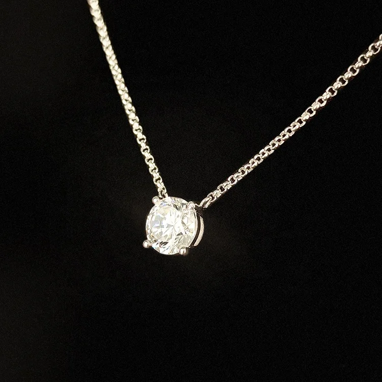 Fine Jewelry Rhodium Plated 925 Sterling silver Round Brilliant Moissanite Diamond Simple Solitaire Pendant Necklace Women