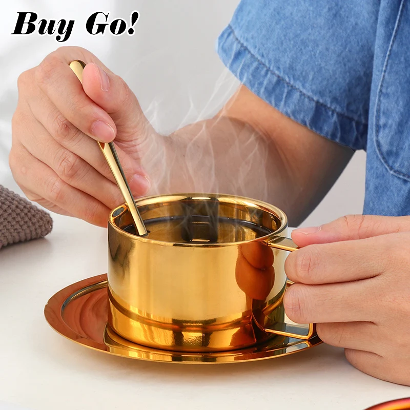 Customized Logo Double Wall Coffee Cup Set 304 Stainless Steel Tea Coffee Mug With Tray