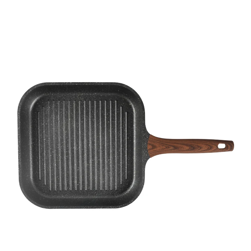 Wooden handle non stick skillets 28 cm square gas grill pan steak pan