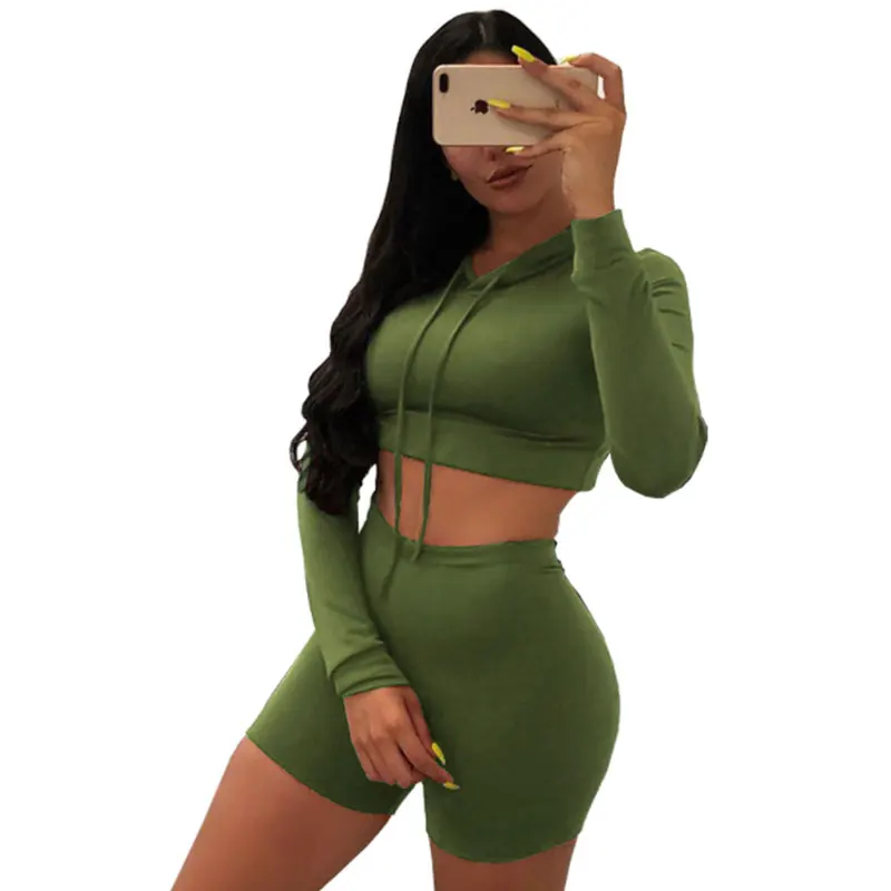 Promotional custom oem woman two piece cropped hoodie short set women clothing