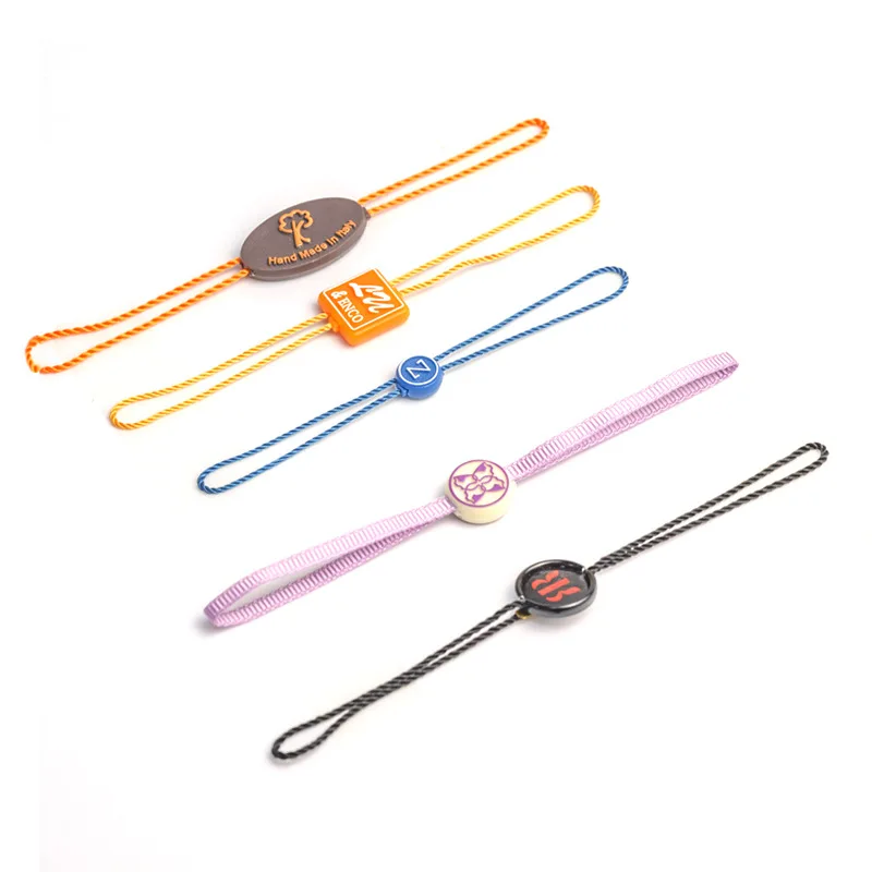 ST08 Clothing Metal Snap Lock Seal Tags Supplier Custom Debossed Brand Name Logo Rectangle Hang Tag Ribbon Strings for Garment