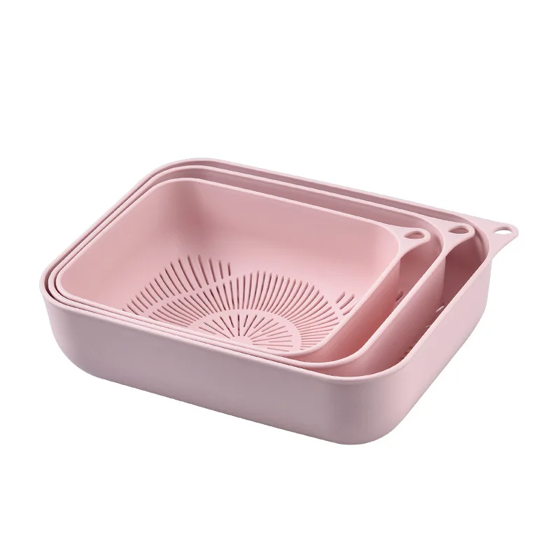 Wishom New Style Simple Plastic Vegetable Fruit Drainage Basket Double Layer Household Plastic Vegetable Wash Basin