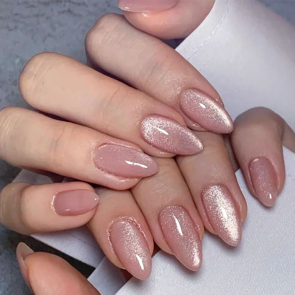 Short Almond  Cat Eye Fake Nails Nude False Nails  Shiny Artificial Nails for Women Manicure 24Pcs