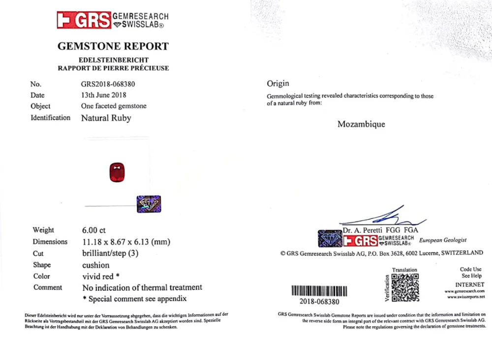 
6.00Carat Pigeon Blood Red MOZAMBIQUE Ruby Cushion Shape GRS Certified Loose Gemstone Ruby Stone By Real Gems Free Ship Precious 