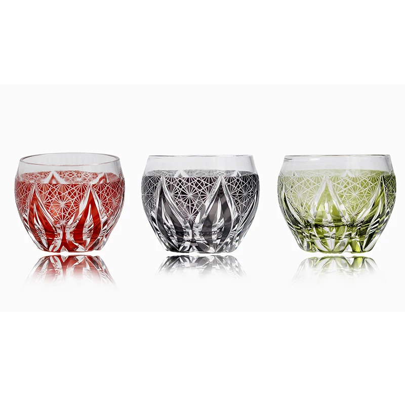 Japanese Edo Kiriko Shot Glass Hand Cut to Clear Burgundy Red 2 Pieces 60ml Liquor Glass