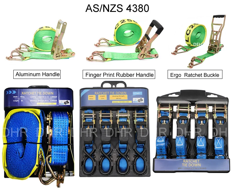 Factory Wholesale Australia Green Heavy Duty Rubber Handle Ratchet Tie Down Strap with Swan Hook for Cargo Truck Lashing