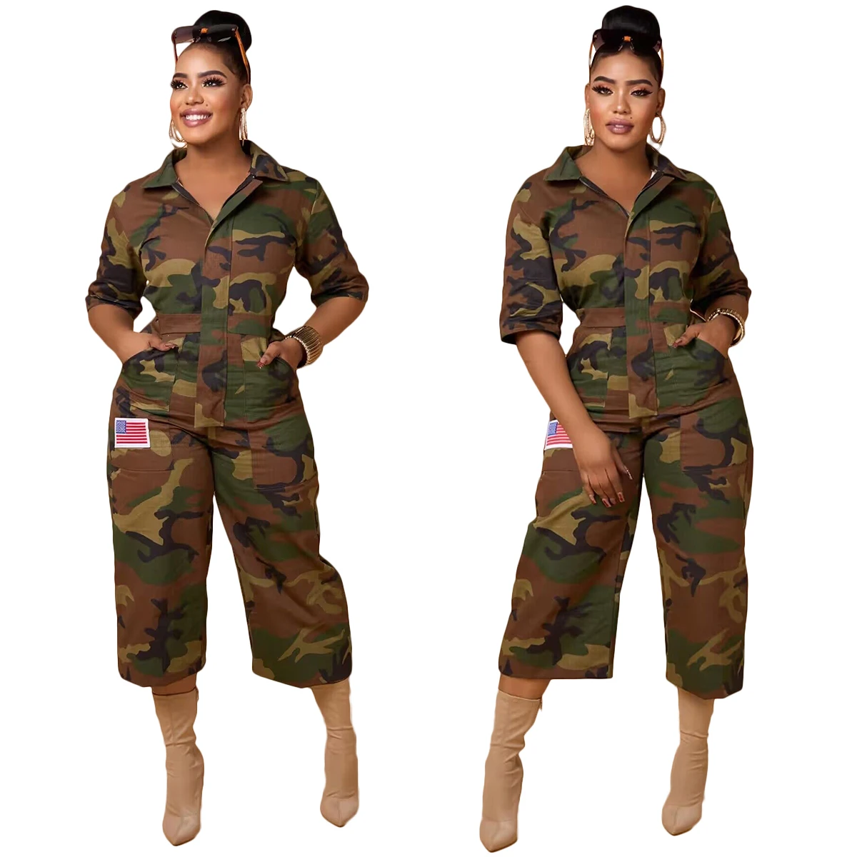 Y1889 Casual Camouflage Wide-Leg Lapel Cargo Jumpsuit with Pockets