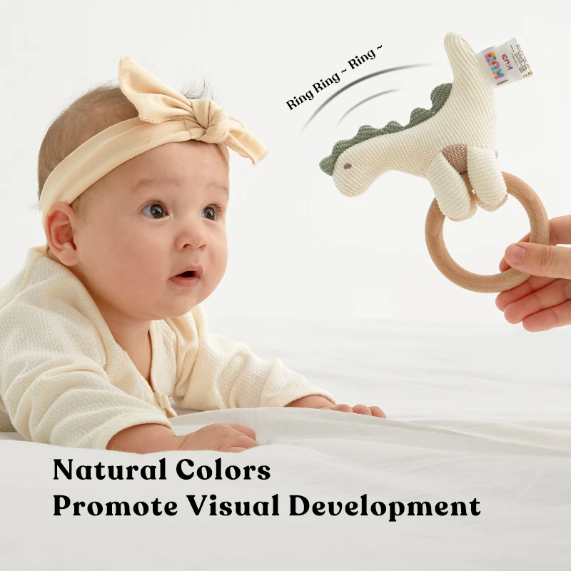 KUB Baby Teething Toy Crochet Knitting Rattle Teether Wood Ring Baby Chew Toy Baby Teething Hand Rattle