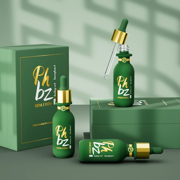 Customization Painted Green Glass Essential Oil Bottle 1Oz 30Ml Gold Neck Luxury Skin Care Boston Serum Essential Oil Bottle