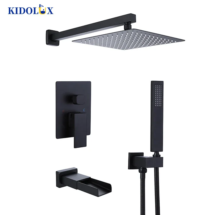 Black Built In Wall Mounted Concealed Stainless Steel Showers Systems Squared Inwall Shower Set Mixer Thermostatic For Bathroom