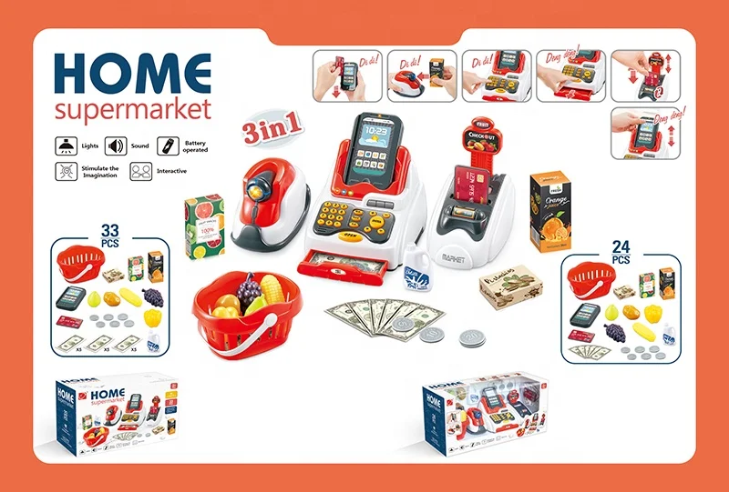 Deluxe play cash register 33pcs high quality children cash toy pretend play supermarket