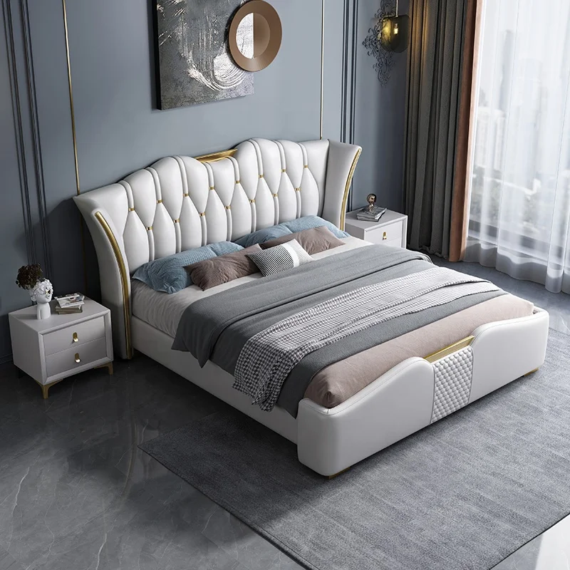 Italian bedroom set furniture, American king size bed modern latest double leather luxury storage queen soft bed