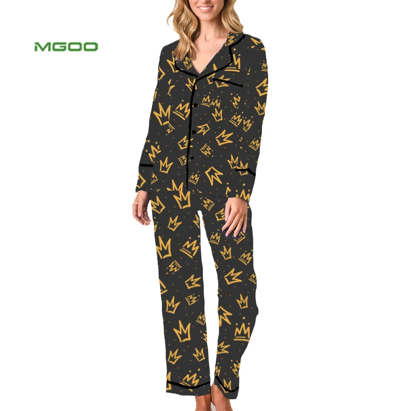 
MGOO Custom Queen Crown Pajama Set Ladies Leisure Short Sleeve Shorts Sleepwear Luxury Silky Satin Pyjama Set 