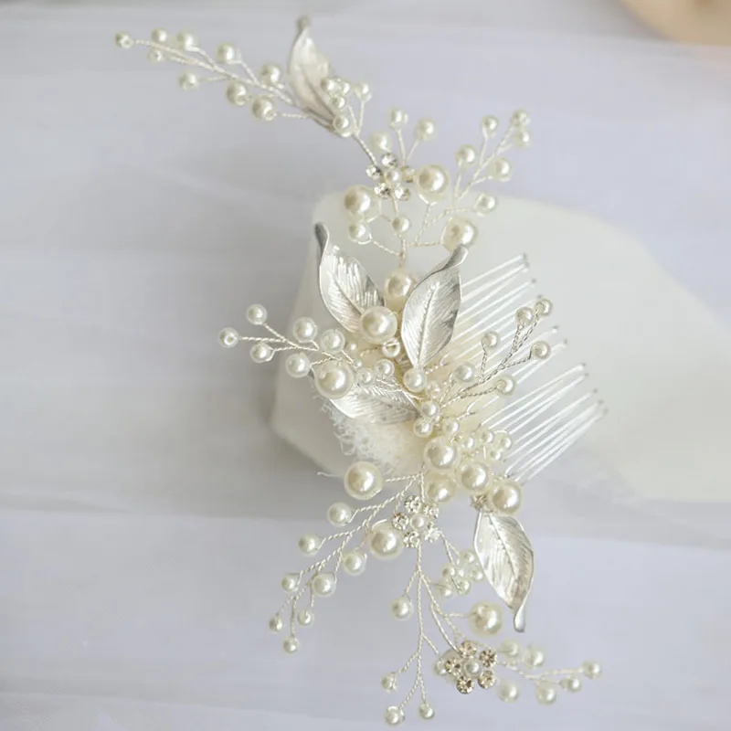 
SLBRIDAL Handmade Rhinestones Crystals Pearls Alloy Leaf Bridal Hair Comb Wedding Headpieces Hair accessories Women Jewelry 