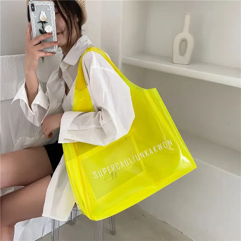 Fashionable Custom Logo Durable waterproof Large Capacity Beach Purple Gray Yellow Shoulder Clear Colored PVC Beach Tote Bag